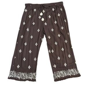 Sundance Le Meridien brown embroidered pull on tie crop wide leg pants size L